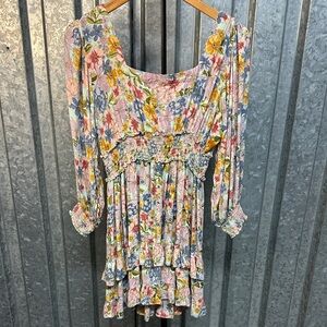Angie Pink Multi Floral Smocked Peasant Tunic